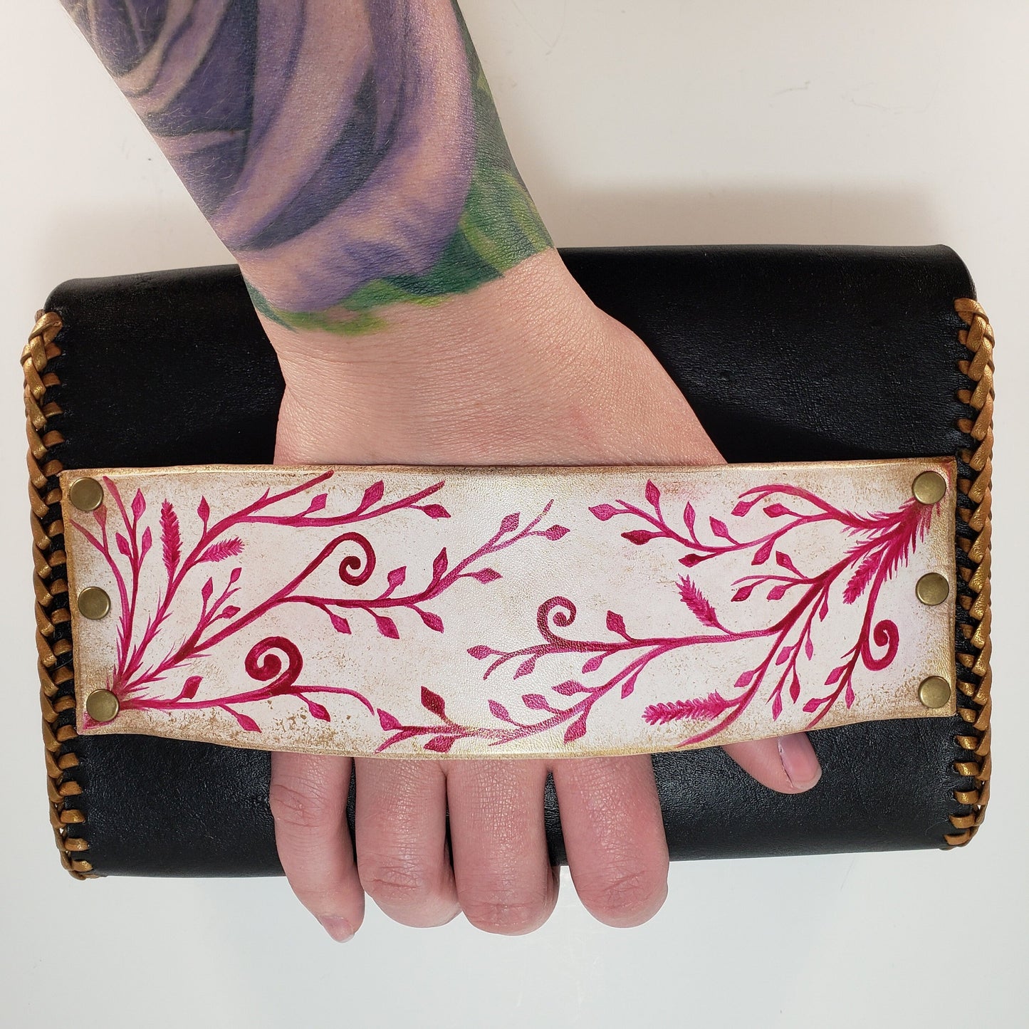 Pink Vine Black Leather Clutch