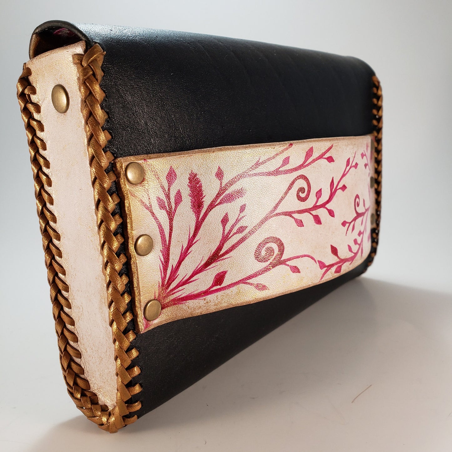 Pink Vine Black Leather Clutch