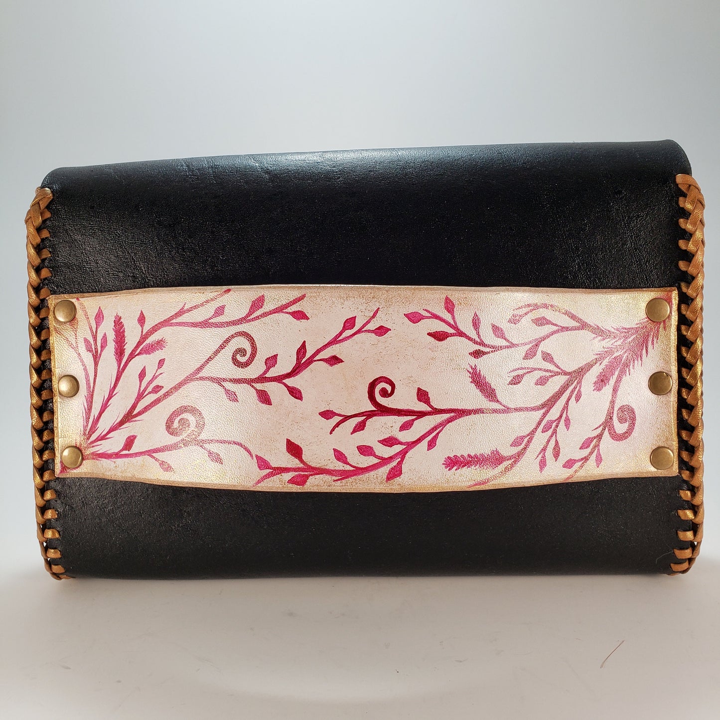 Pink Vine Black Leather Clutch