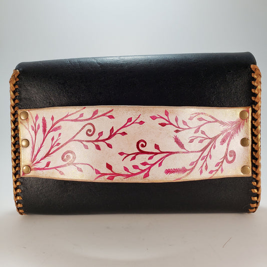 Pink Vine Black Leather Clutch