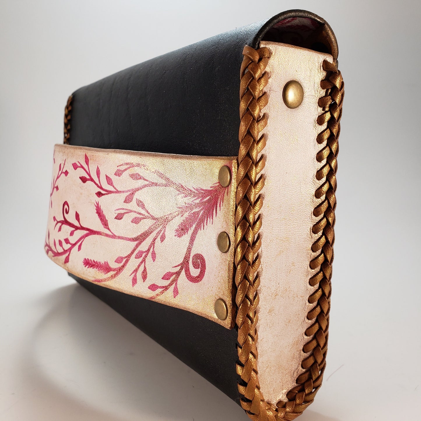 Pink Vine Black Leather Clutch