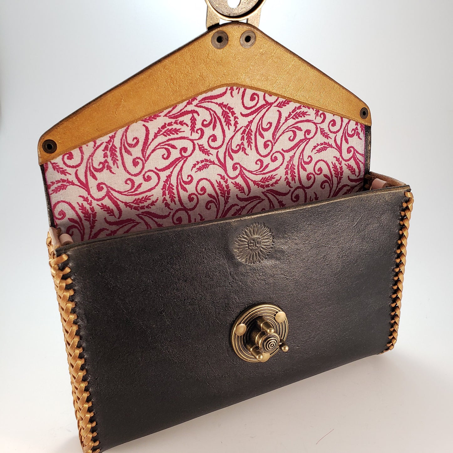 Pink Vine Black Leather Clutch